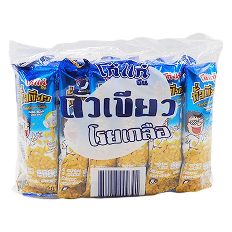 Kohkae Mung Bean Salt snack pack, 20g x12, dry grocery snack with mung beans and salt in colorful packaging.