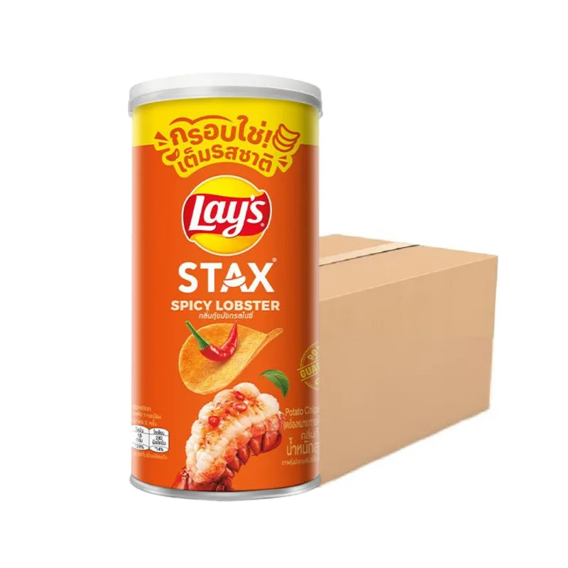 LAYS STAX Spicy Lobster snack bag, 65g, showing crispy lobster-flavored potato snacks in a colorful bag.