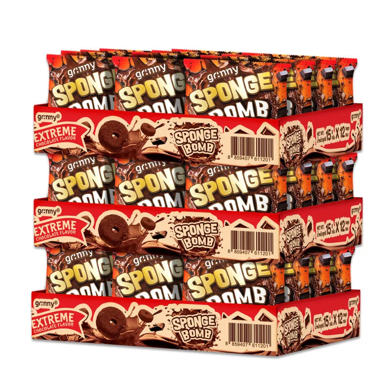 GRINNY Sponge Bomb Snack Extreme Chocolate flavor, 15g x3, dry grocery snack with chocolate-coated sponge candies in colorful packaging