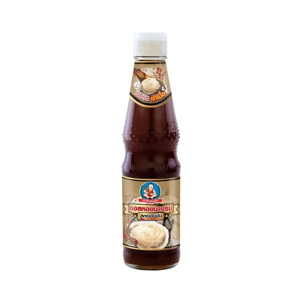 Deksomboon Oyster Sauce Thick 350g bottle, classic dry grocery condiment with rich oyster flavor and glossy dark appearance.
