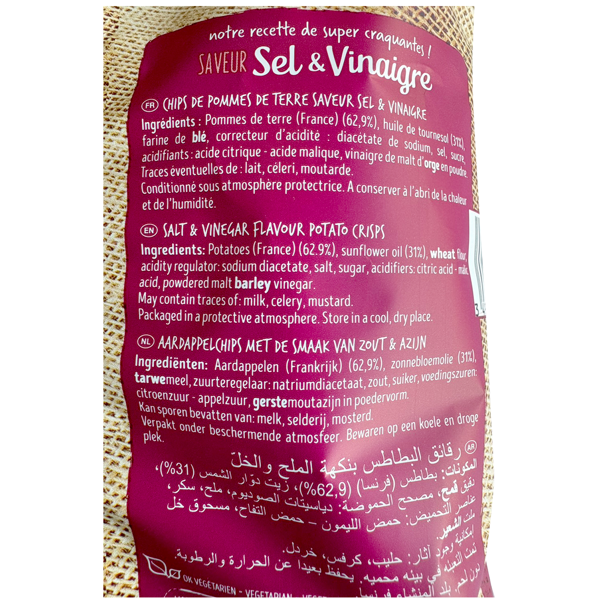 Brets Salt & Vinegar Potato Chips in a colorful bag, showing crispy chips with seasoning, perfect for snack lovers.