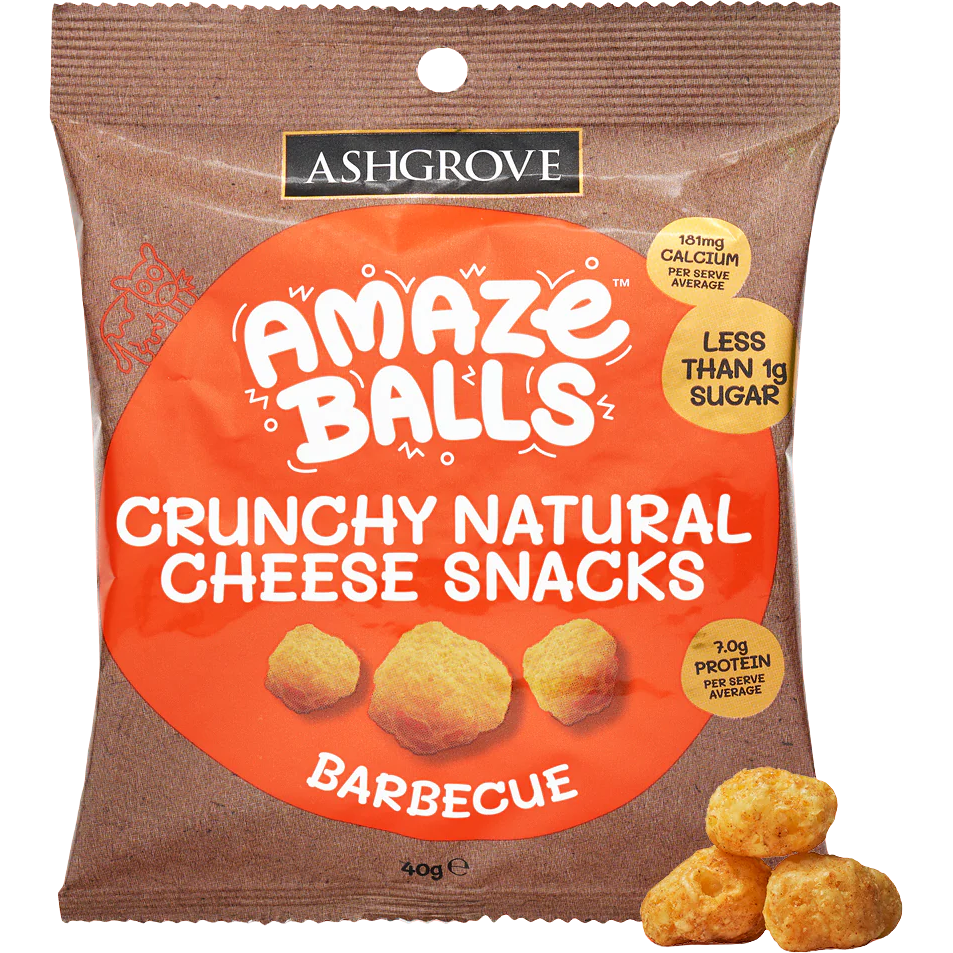 Amazeballs BBQ confectionery snacks featuring colorful, round candies with a smoky barbecue flavor and glossy finish.
