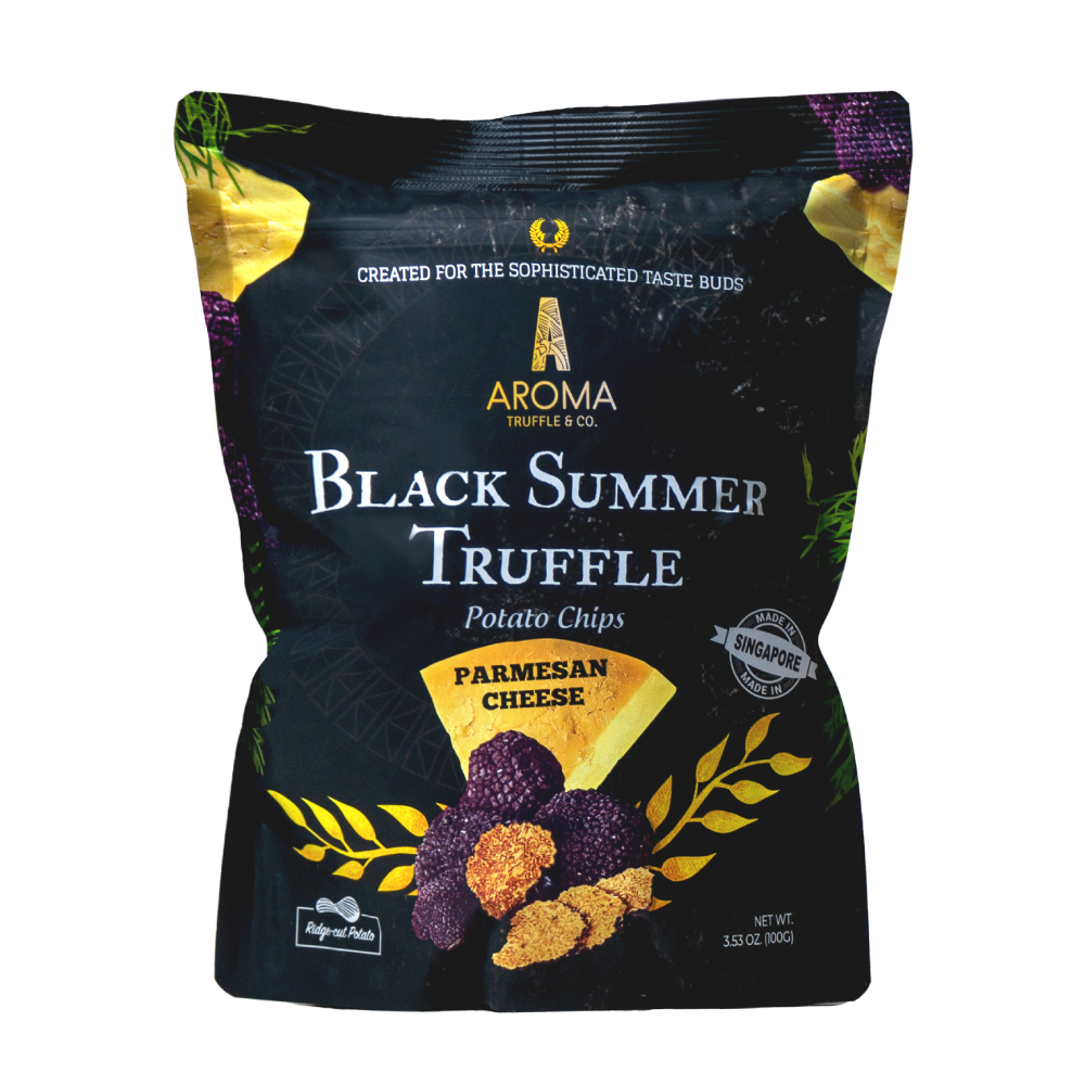 Aroma Truffle Potato Chips with Parmesan flavor, crispy snack in a bag, showcasing the flavorful chips with seasoning on the surface.