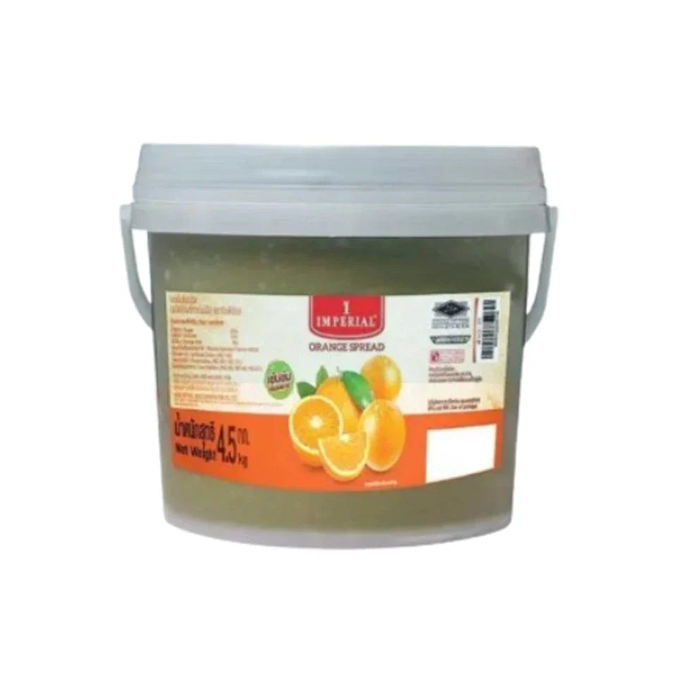 Imperial Orange Jam 4.5kg jar in a dry grocery setting, showcasing the bright orange label and product packaging.