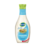 Remia Yogurt Salad Dressing bottle with label, showing creamy texture and fresh ingredients in a grocery product image.
