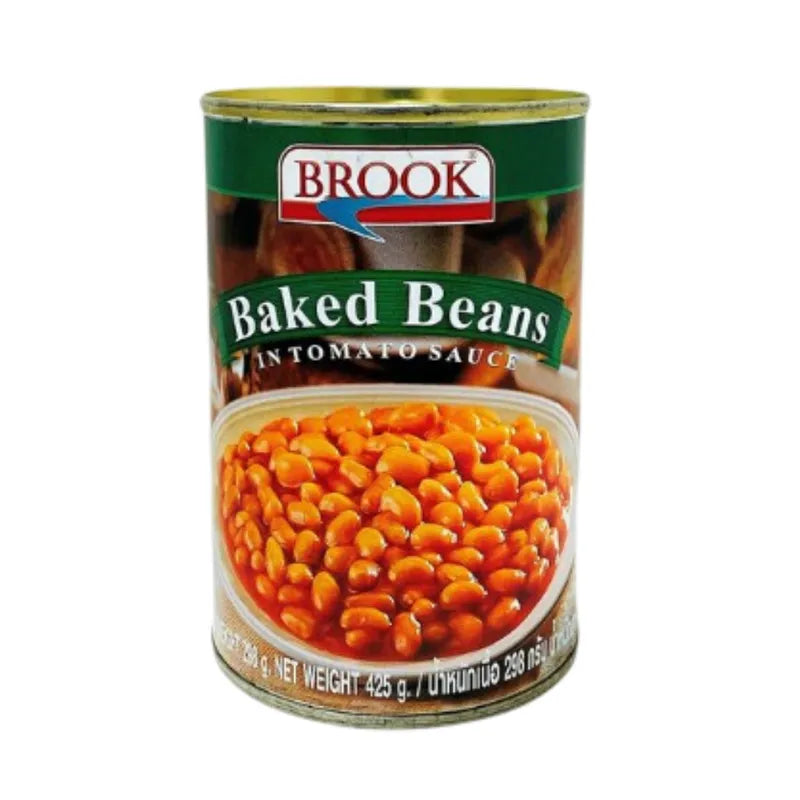 Cans of Brook Baked Beans in Tomato Sauce 425g, dry grocery product with white cans and red labeling featuring baked beans and tomato imagery.