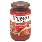 Jar of Prego Tomato Pasta Traditional sauce with visible label and fresh tomatoes on the label, representing classic Italian pasta sauce.