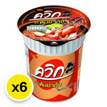 Quick Waiwai Cup Instant Noodle Tom Yum Kung 60g, dry grocery product with six cups featuring spicy Thai soup flavor.