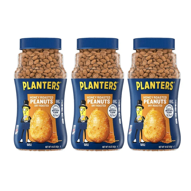 PLANTERS Dry Honey Roasted Peanuts with Coating and Sea Salt in a 453g bag, showing coated peanuts and sea salt crystals.