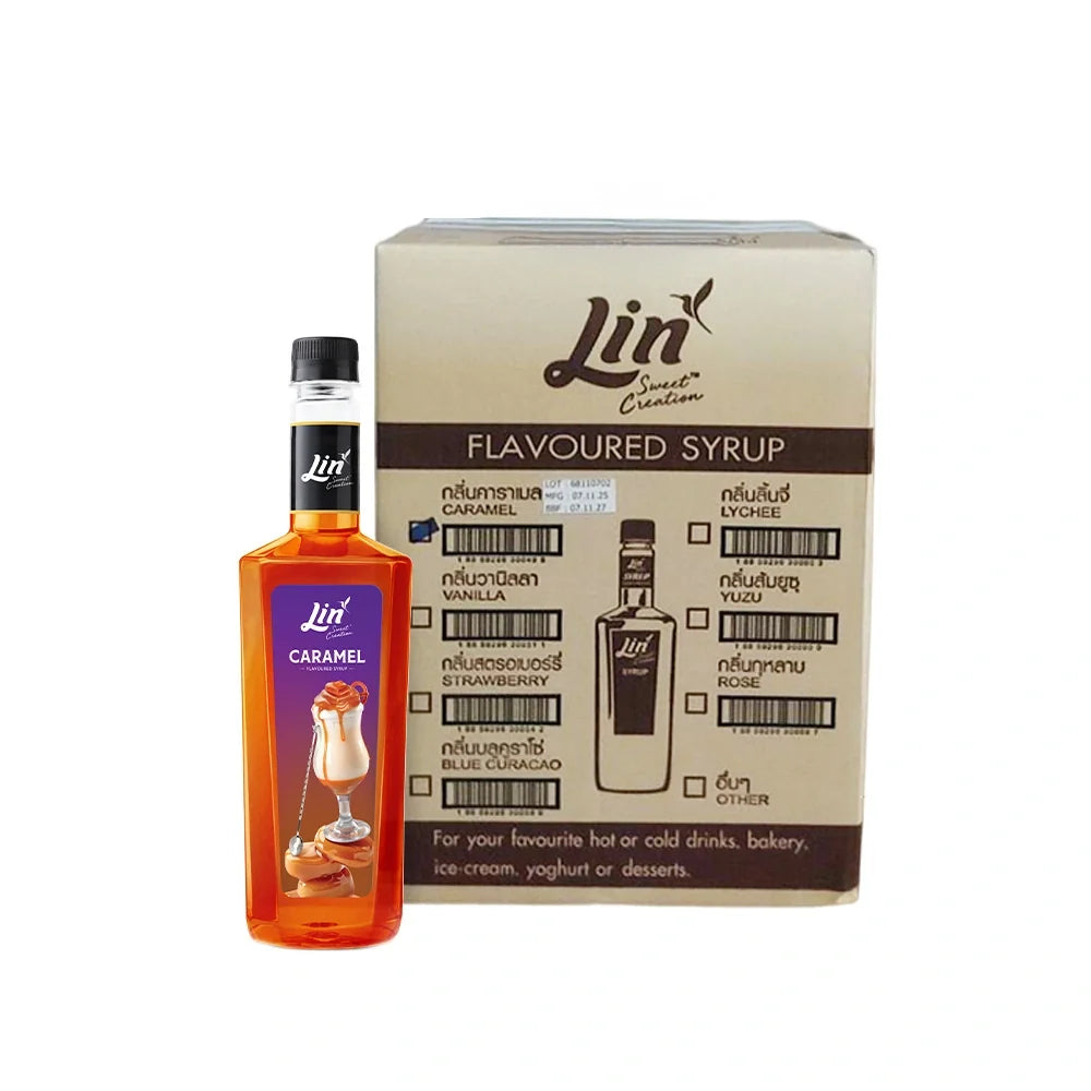 Lin Syrup Caramel Scent dry grocery product featuring a bottle of caramel-scented syrup for baking and flavoring.