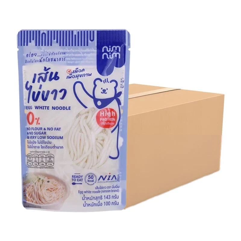 NIMNIM Egg White Noodles in dry grocery bag, showing the whole package with noodles inside.