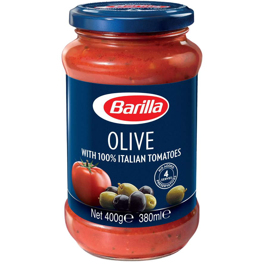 Jar of Barilla Olive Pasta Sauce with visible olives and tomato sauce, showcasing the Italian brand's rich, flavorful pasta topping