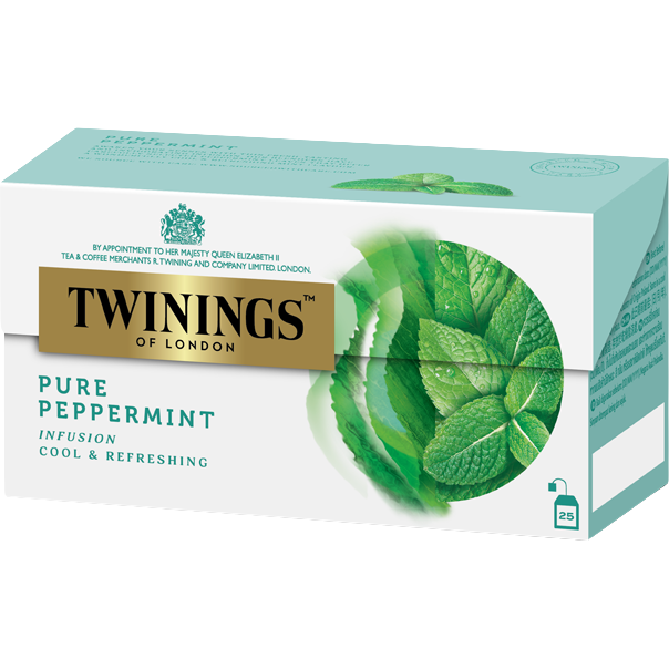 Twinings Peppermint Tea drink in a clear glass with fresh peppermint leaves, highlighting the refreshing herbal beverage.