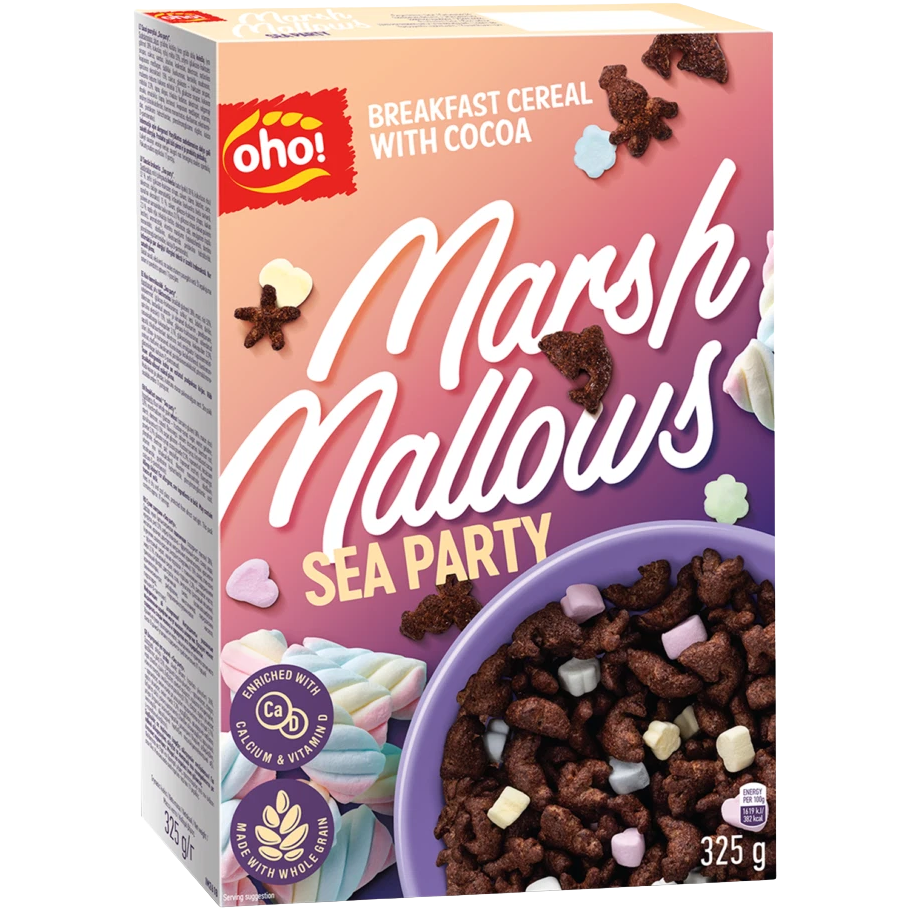Oho Breakfast Cereal Sea Party box with colorful cartoon sea creatures on the front, ideal for a fun breakfast.