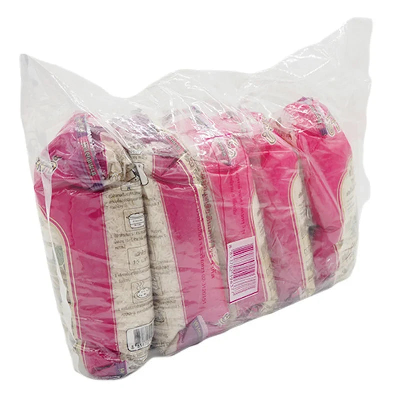 Benjarong fragrant rice in 1kg pack, five bags, traditional dry grocery product, showcasing the rice grains.