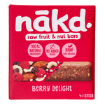 Nakd Berry Delight healthy snack bar with mixed berry ingredients, natural and nutritious grocery product from Nakd.