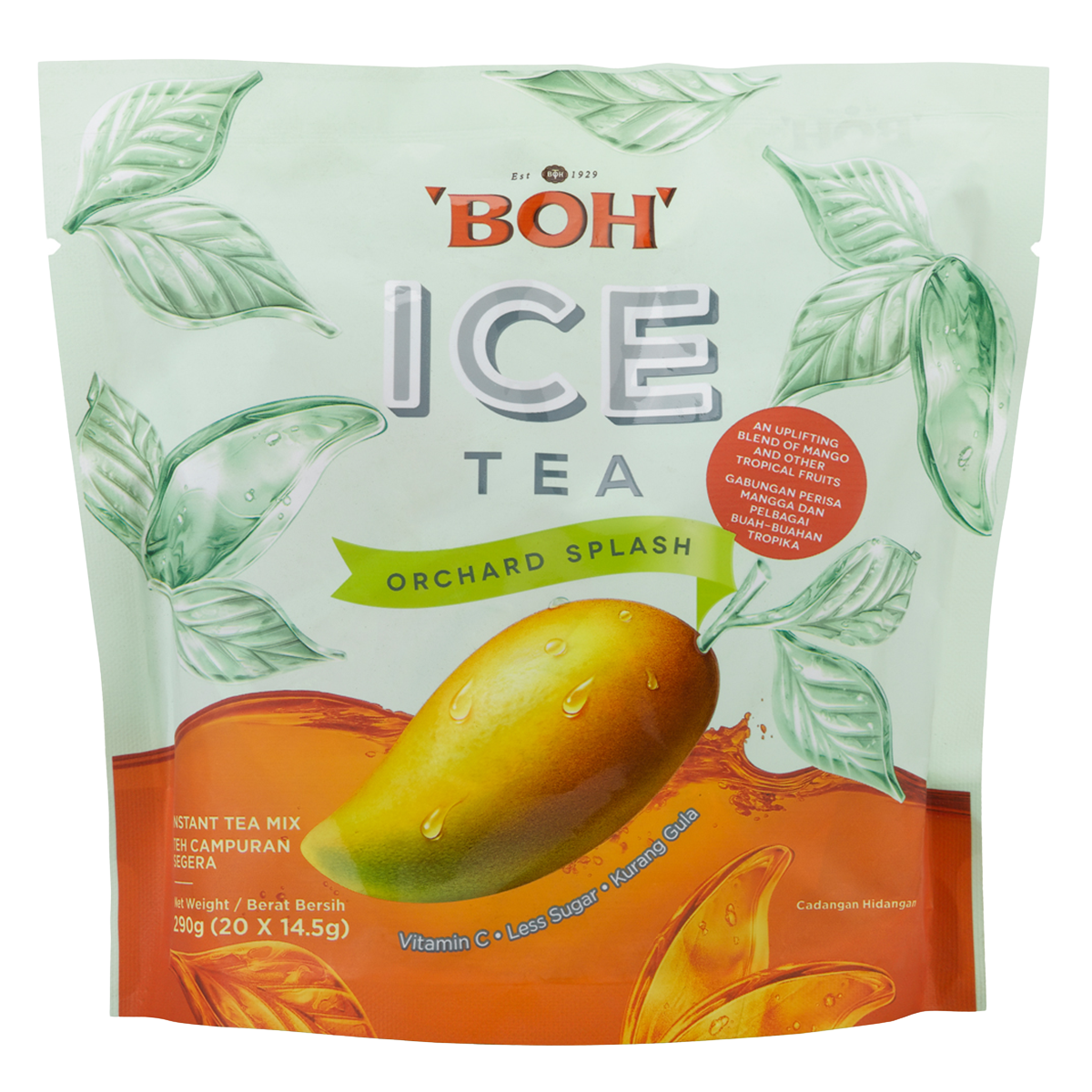 Boh Ice Tea Orchard Splash drink in a clear bottle with a colorful label, showcasing the refreshing beverage inside.
