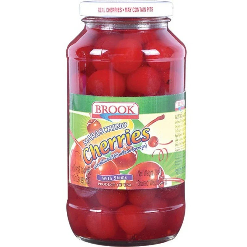 Brook Maraschino Cherries with stems in a 794g jar, shown in a clear container with bright red cherries and green stems.