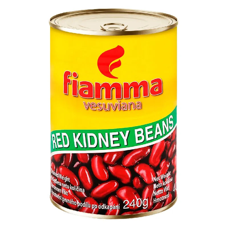 Fiamma Vesuviana red kidney beans in brine, 400g jar, showing beans submerged in liquid with label visible