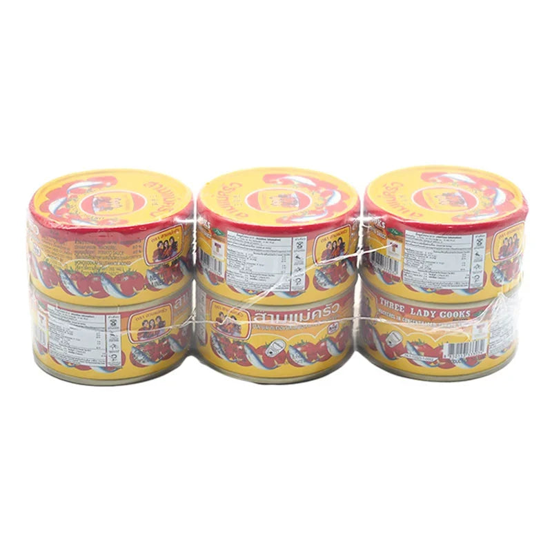 Three Lady Cooks Mackerel in Tomato Sauce, 190g cans, showing the canned mackerel with tomato sauce in a display.