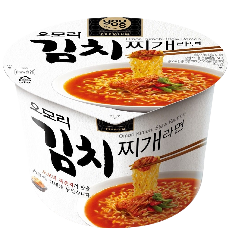 Youus Big Bowl Omori Kimchi Stew Ramen in a large bowl, featuring spicy kimchi broth with noodles and vegetables, ready to serve.