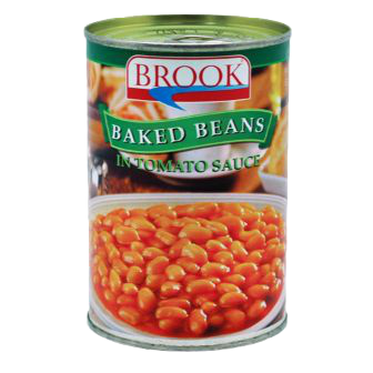 Canned Brook Baked Beans in Tomato Sauce, grocery item with beans in rich tomato sauce, displayed in a can.