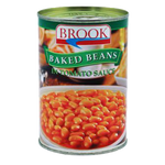Canned Brook Baked Beans in Tomato Sauce, grocery item with beans in rich tomato sauce, displayed in a can.