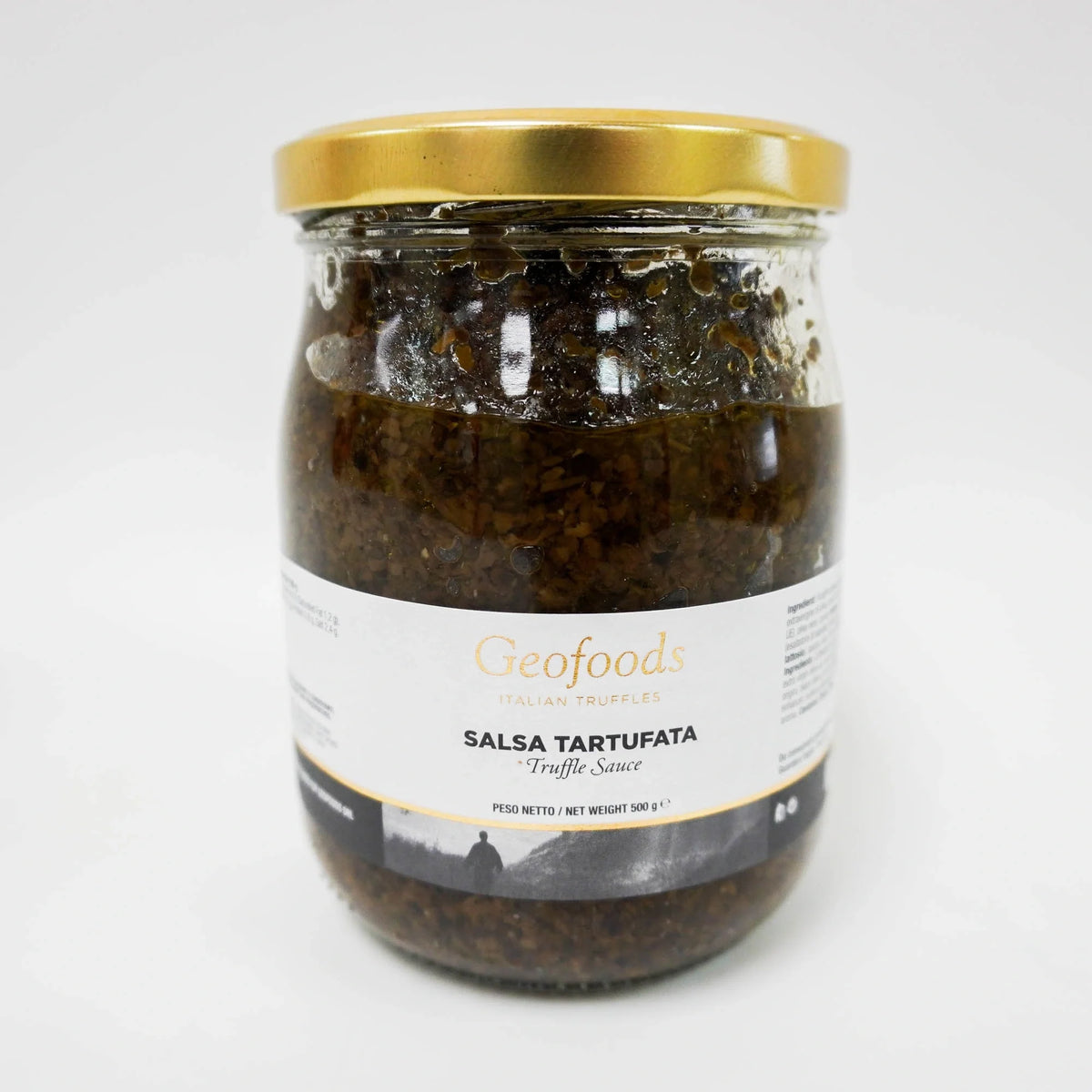GEO Foods Truffle Sauce 500g jar, dry grocery product with a dark, rich sauce inside a glass jar, ready to enhance dishes.