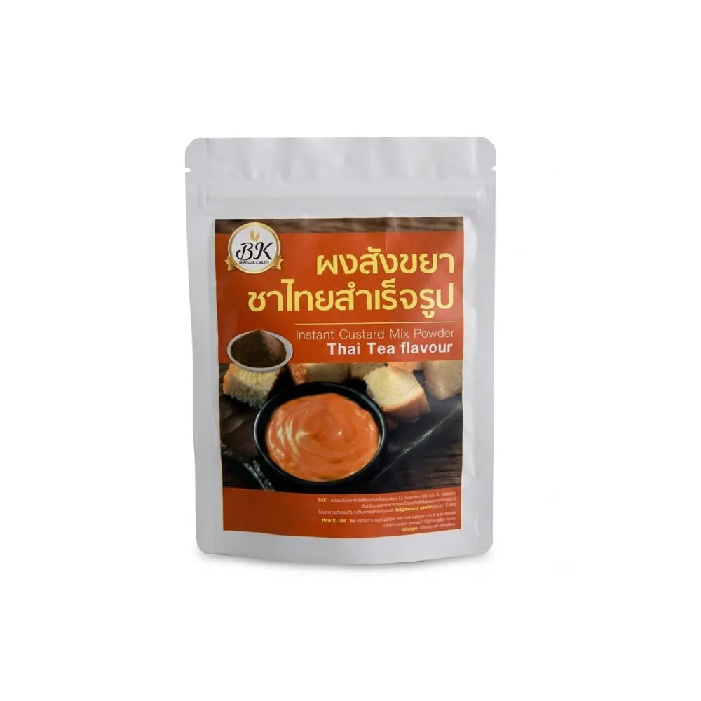 BK Bakery Thai Tea Flavored Instant Custard Powder 100g in dry grocery packaging, showing the product and branding.