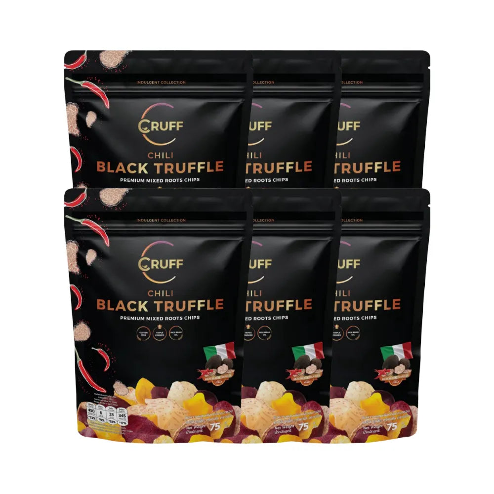 Colorful Cruff fried crispy potatoes snack with Chilean black truffle flavor, showcasing a variety of vibrant, crunchy potato pieces.
