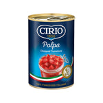 Cirio Tomato Chopped in a can, showing diced tomatoes with vibrant red color and fresh appearance for cooking or recipes.