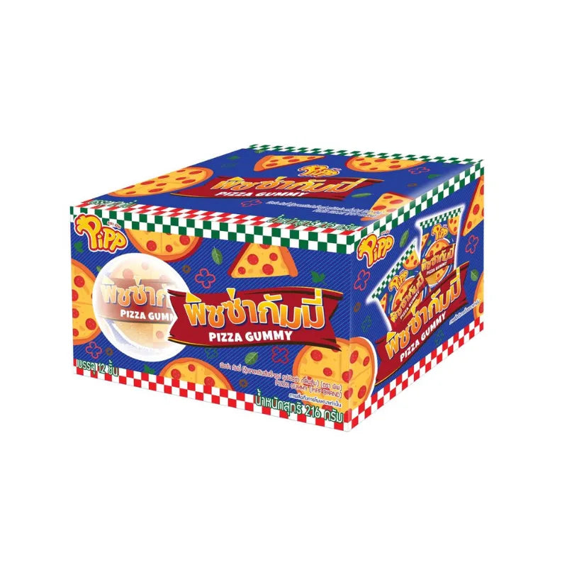 Pipp Pizza Gummy candies, 18g packs, featuring colorful gummy pizza shapes from PIPP in a snack confectionery display.