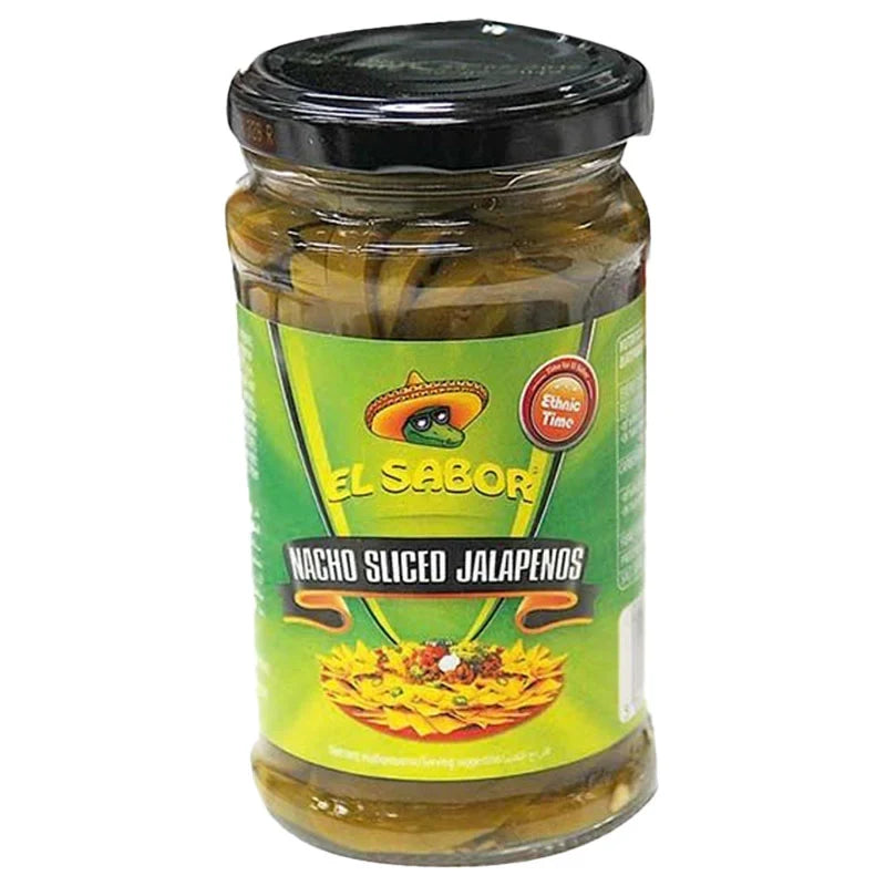 Sliced jalapenos in a 225g jar from EL SABOR, ideal for nachos and spicy dishes in a dry grocery setting.