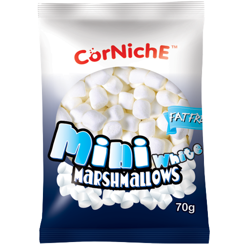 Corniche Mini White Marshmallows, soft confectionery snacks with small, fluffy white marshmallows on a plain background