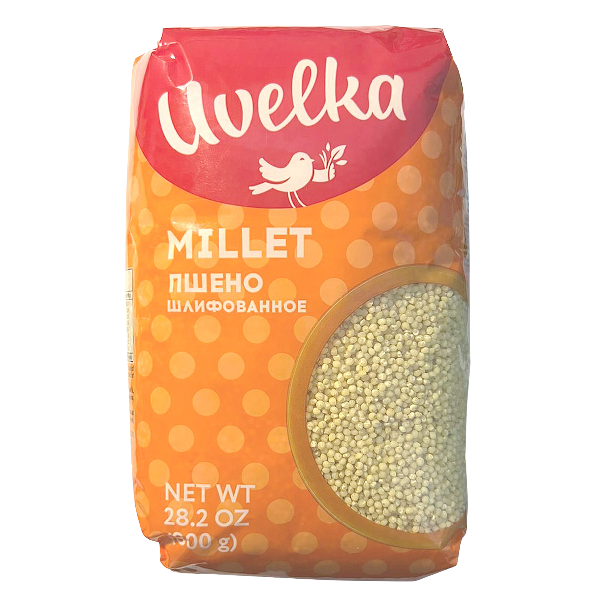 Uvelka Millet in a grocery bag, showing the light-colored grains used for cooking and baking.