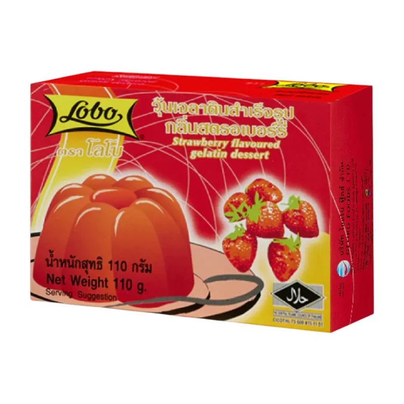 Lobo strawberry gelatin jelly in a ready-made box, perfect for dry grocery storage and quick dessert preparation.