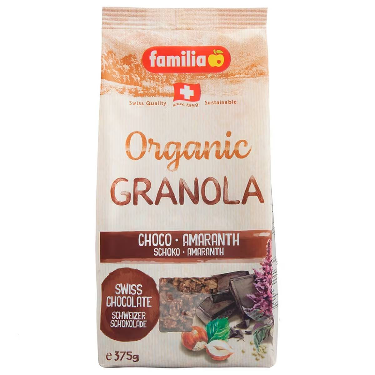 Familia Bio Organic Choco Amaranth in a grocery package, showcasing the product label and colorful packaging.