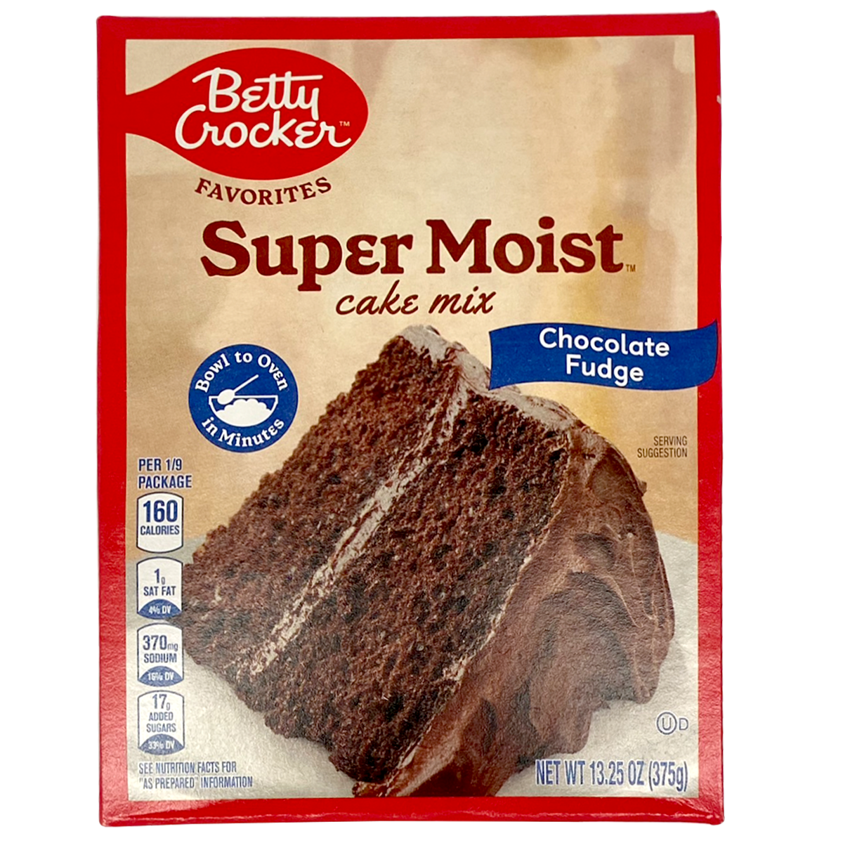 Betty Crocker Super Moist Chocolate Fudge Cake Mix in packaging with chocolate cake image, ideal for baking and dessert preparation.