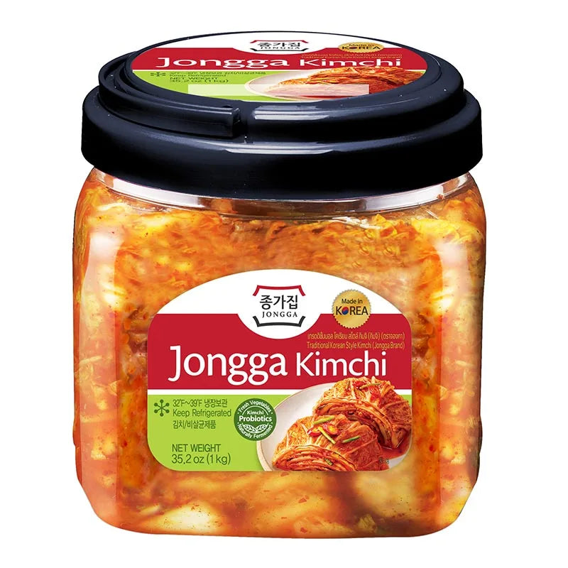 Jongga Kimchi 1kg jar of traditional Korean fermented spicy cabbage in a clear glass jar, ready for cooking or serving.