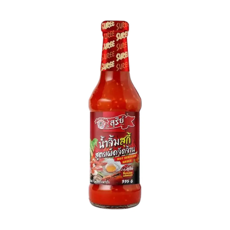 Suree Suki Sauce Spicy Recipe 335g jar with label, savory dry grocery product for Asian cuisine cooking.