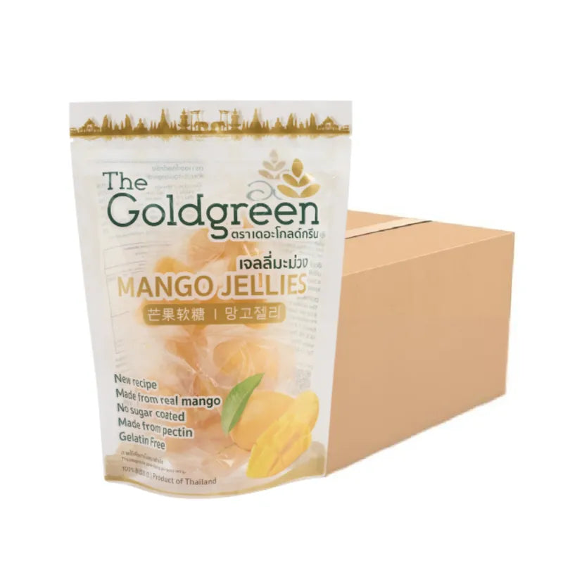 Goldgreen Mango Jelly Jellies snack, 200g, colorful fruit-flavored confectionery with shiny, chewy mango-flavored jelly pieces.