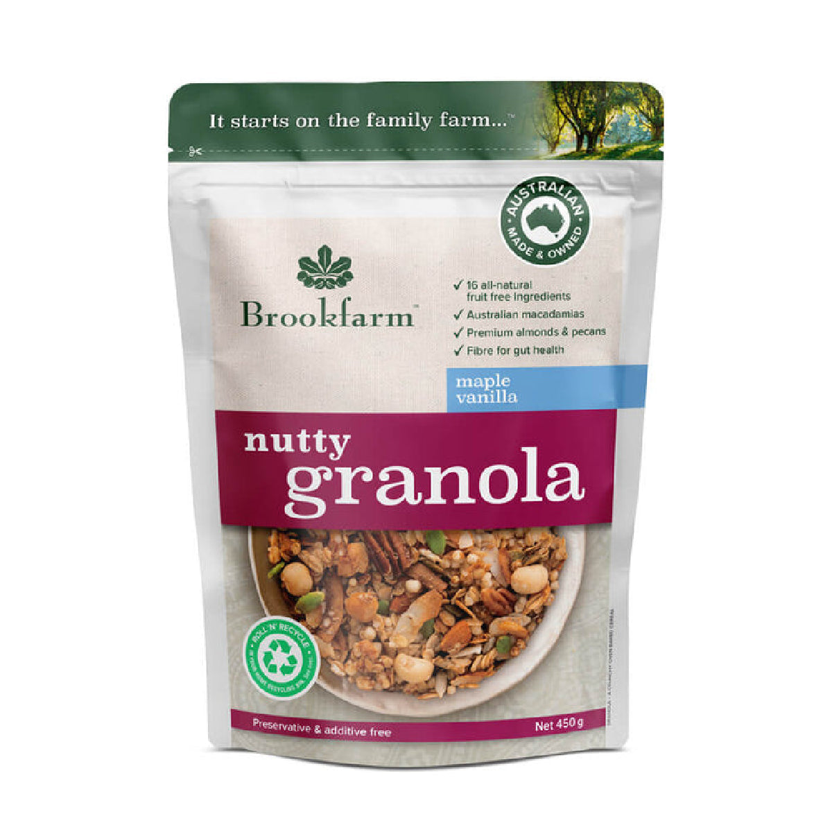 Brookfarm Nutty Granola Maple & Vanilla in a bowl, showing clusters of granola with nuts, oats, and a drizzle of maple syrup.