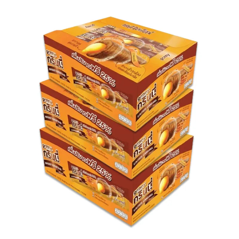GRINNY Salted Caramel Snack Filled candies, 15g x3, in colorful packaging for dry grocery snack and confectionery.