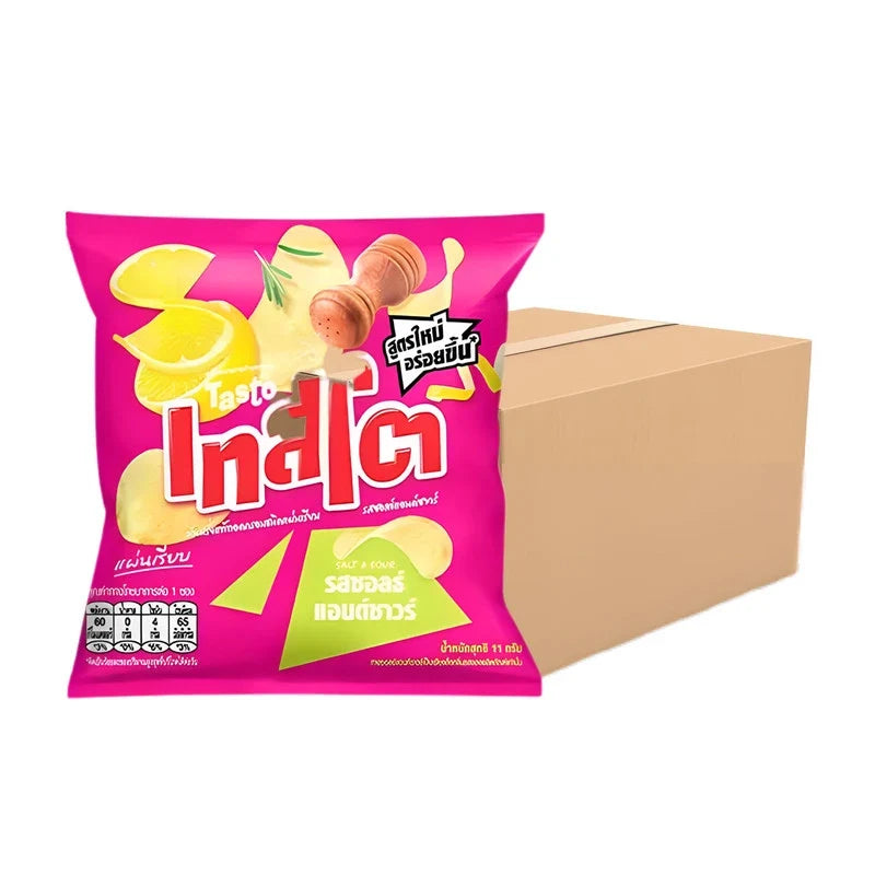 Tasto Crispy Potato Chips Salt and Sour flavor in 11g snack packs, showing crispy chips with salted and sour seasoning.