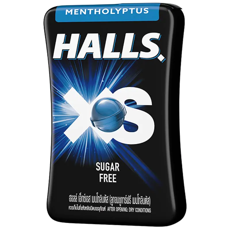 Halls XS Mentholyptus candy in colorful packaging, small confectionery snack with menthol flavor and soothing mentholyptus aroma.