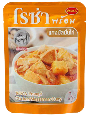 Roza Chick Massaman Curry ready meal in a bowl, showcasing tender chicken and rich curry sauce with potatoes and spices.