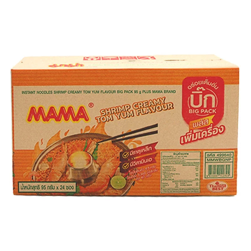 Mama Big Pack Instant Noodle Creamy Shrimp Tom Yum 95g, 24-pack, dry grocery, flavorful Thai-style shrimp noodle soup.