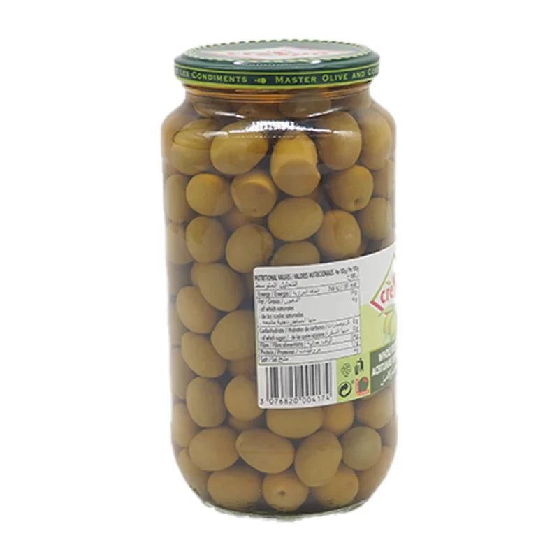 Crespo green olives in brine jar, 907g, dry grocery, fresh and vibrant olives ready for snacking or cooking.