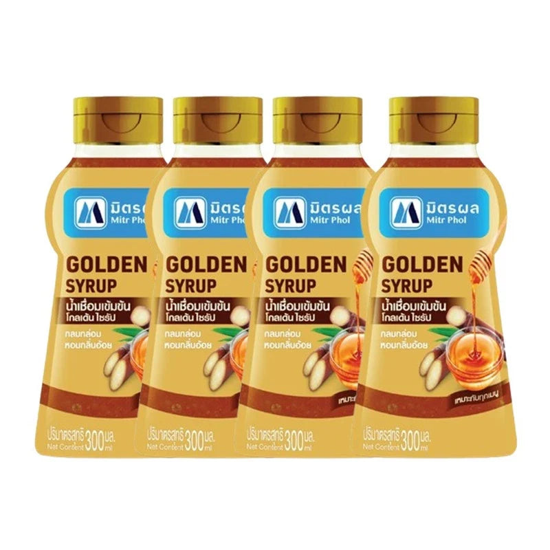 Mitrphol Golden Syrup 300ml bottles, dry grocery product, showing four bottles with golden syrup inside