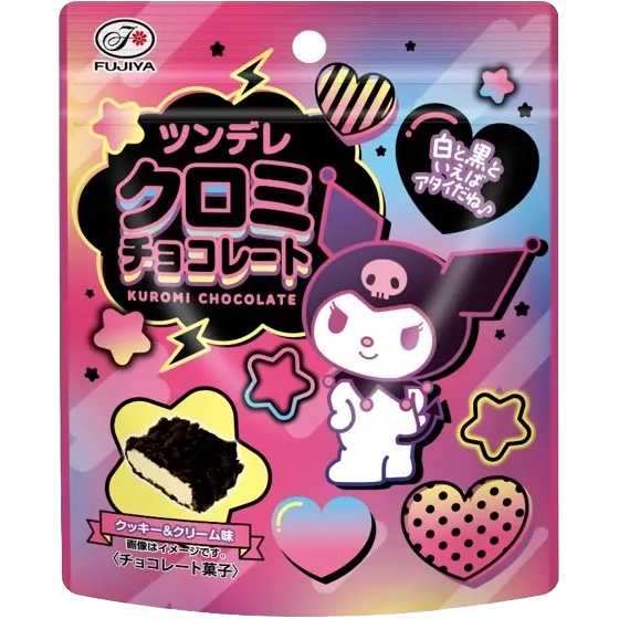 Fujiya Kuromi chocolate cookies, confectionery snack with cute character branding, displayed in a box with chocolate-coated cookies.